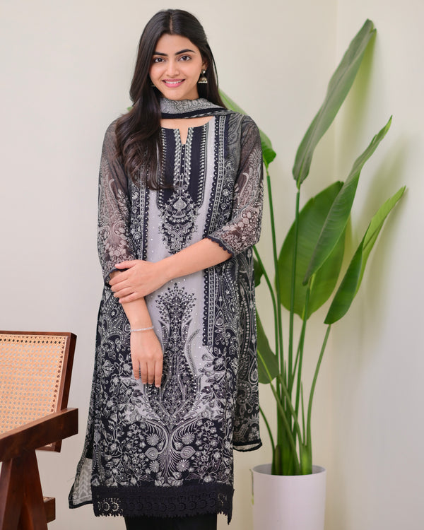 Black Grey Organza Digital Printed Pakistani Suit