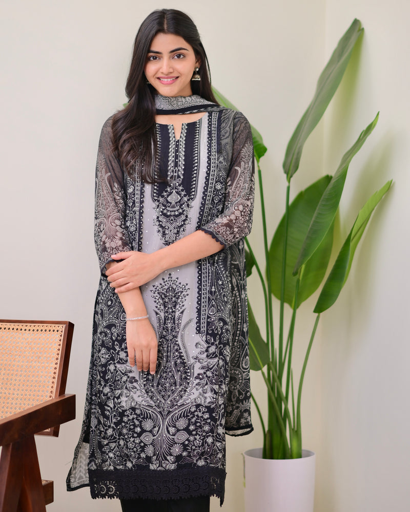 Black Grey Organza Digital Printed Pakistani Suit