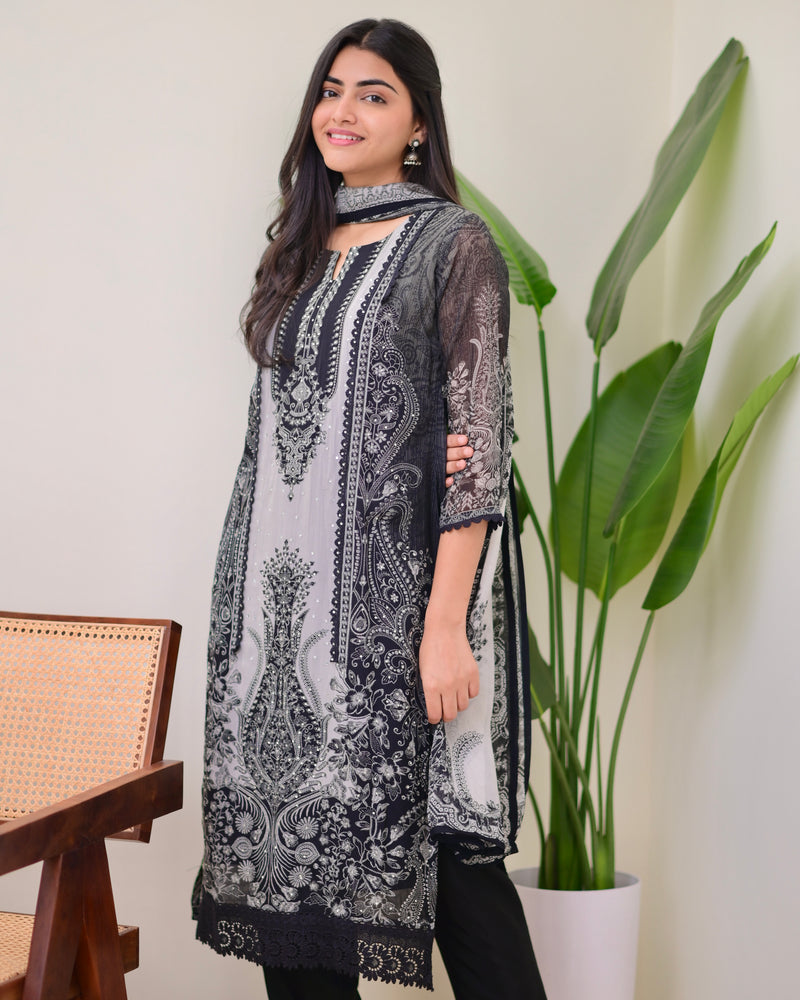 Black Grey Organza Digital Printed Pakistani Suit