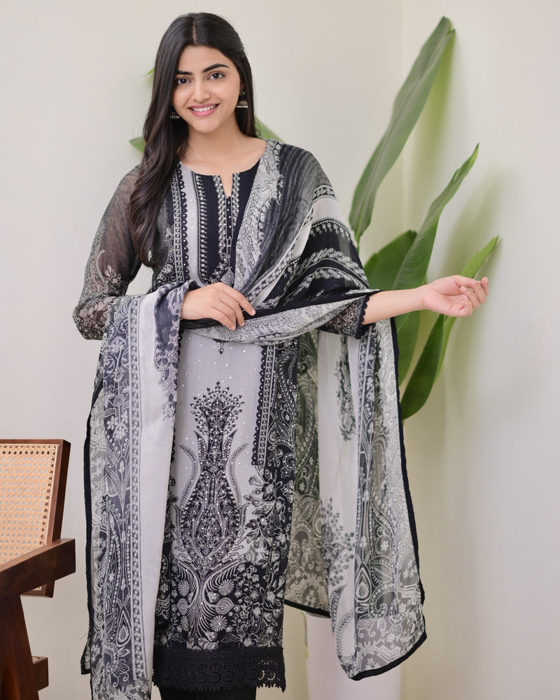 Black Grey Organza Digital Printed Pakistani Suit