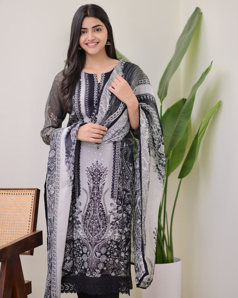 Black Grey Organza Digital Printed Pakistani Suit