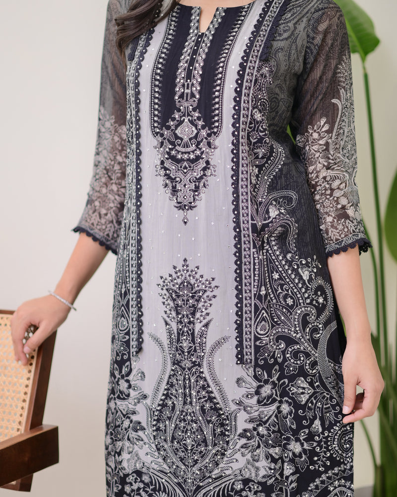 Black Grey Organza Digital Printed Pakistani Suit
