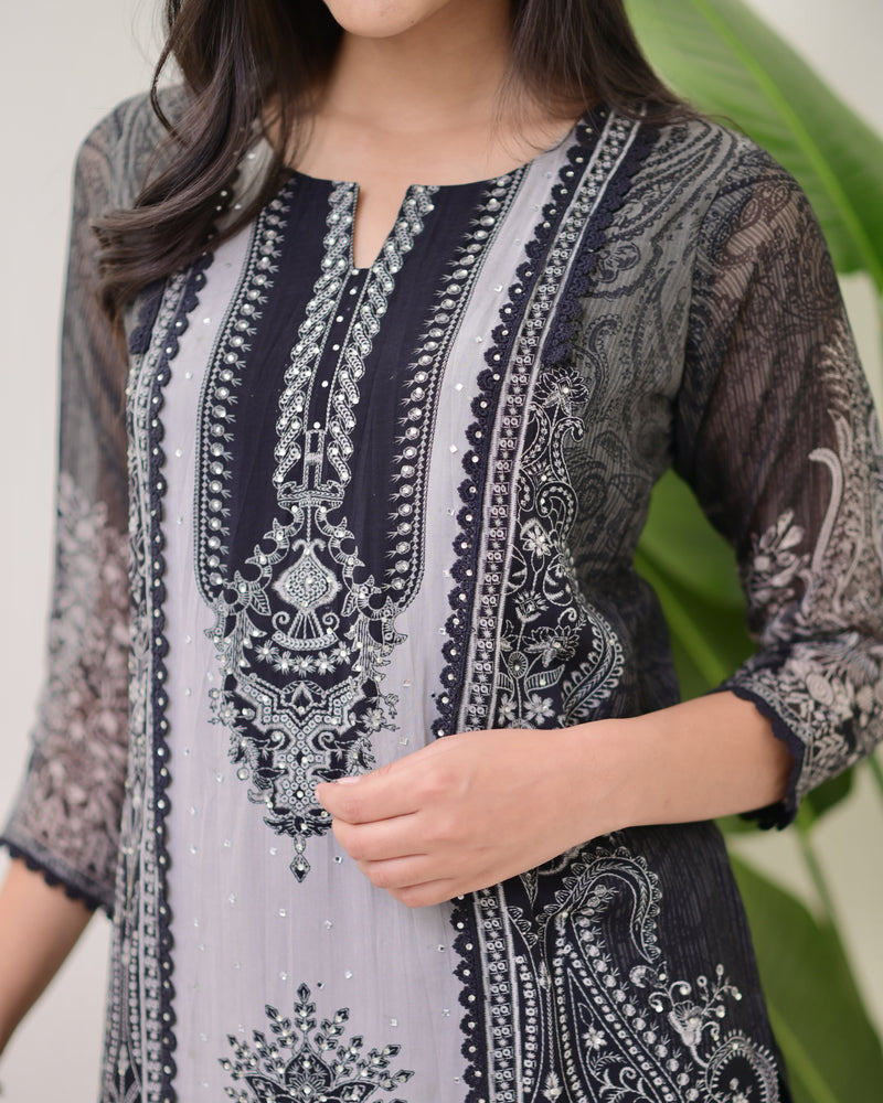 Black Grey Organza Digital Printed Pakistani Suit