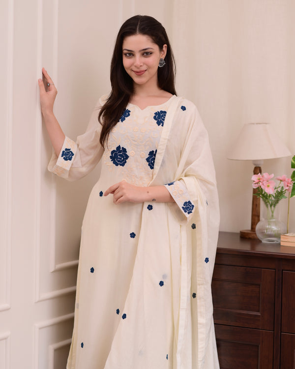 Ivory Blue Chanderi Cotton Threadwork Suit