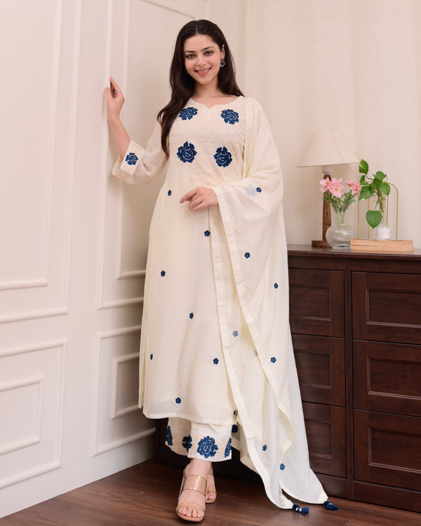Ivory Blue Chanderi Cotton Threadwork Suit