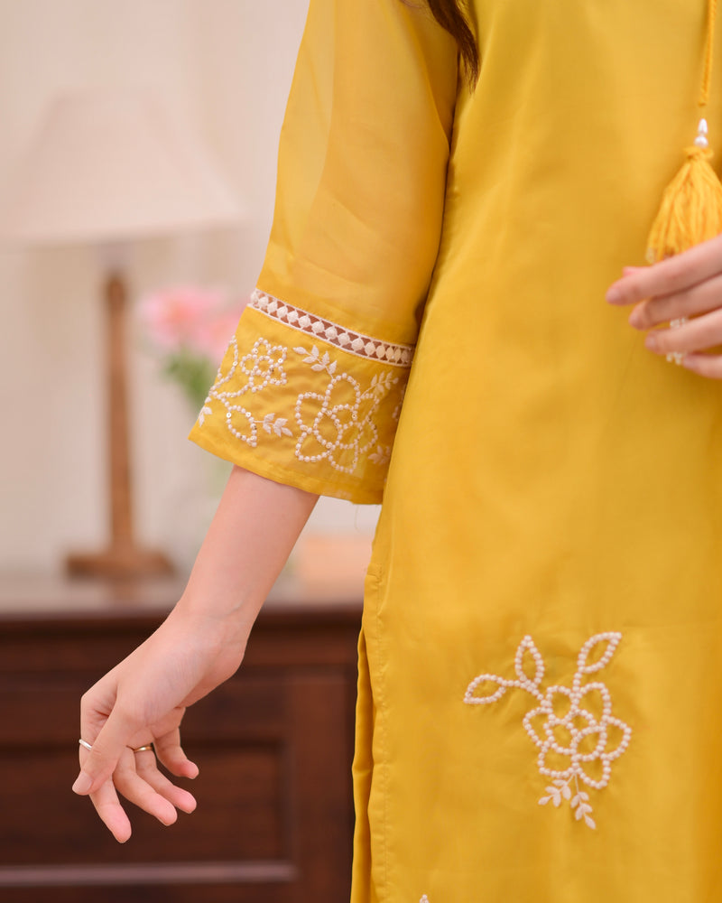 Mustard Yellow Threadwork Organza Festive Suit
