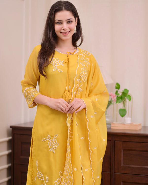 Mustard Yellow Threadwork Organza Festive Suit
