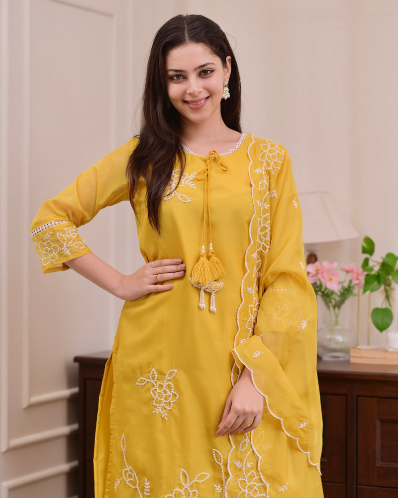 Mustard Yellow Threadwork Organza Festive Suit