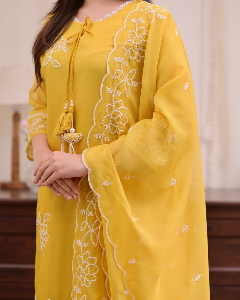 Mustard Yellow Threadwork Organza Festive Suit