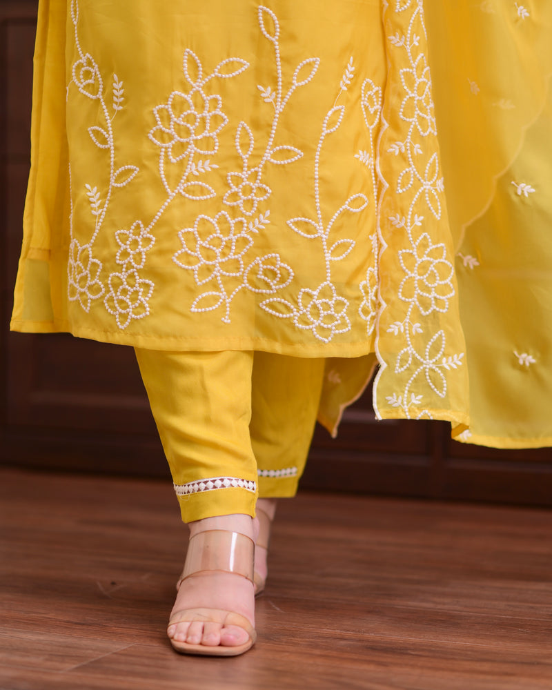 Mustard Yellow Threadwork Organza Festive Suit