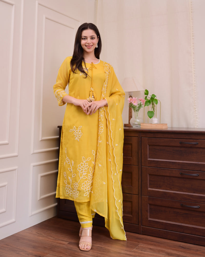 Mustard Yellow Threadwork Organza Festive Suit