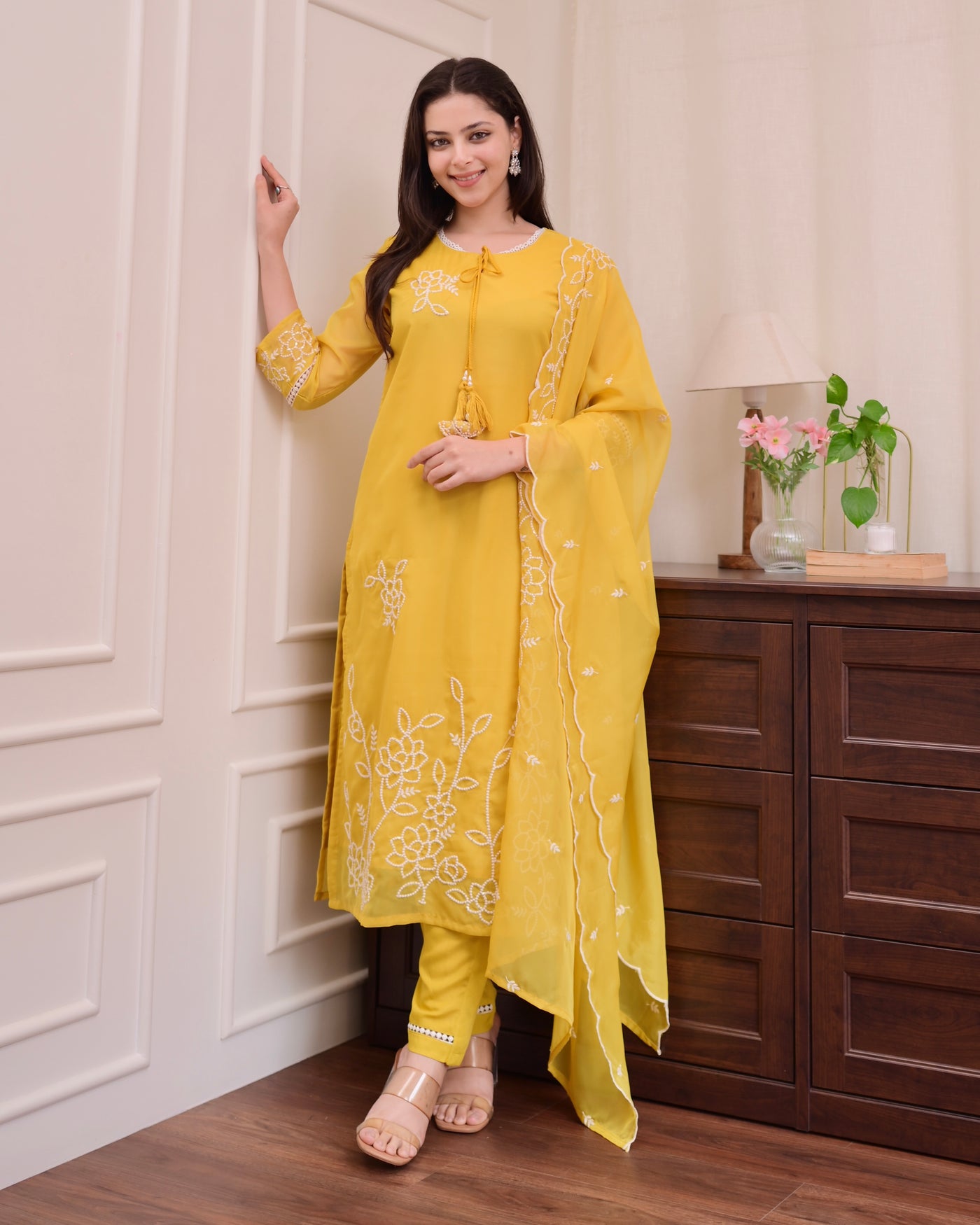 Mustard Yellow Threadwork Organza Festive Suit