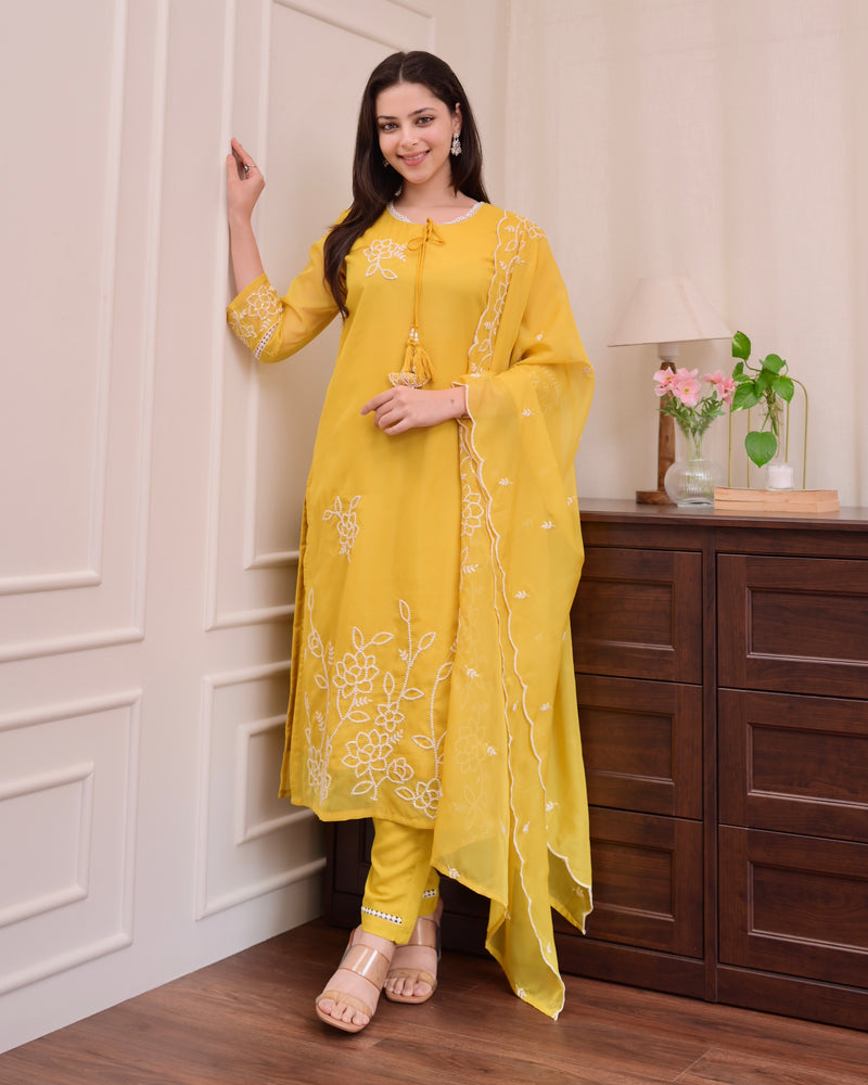 Mustard Yellow Threadwork Organza Festive Suit