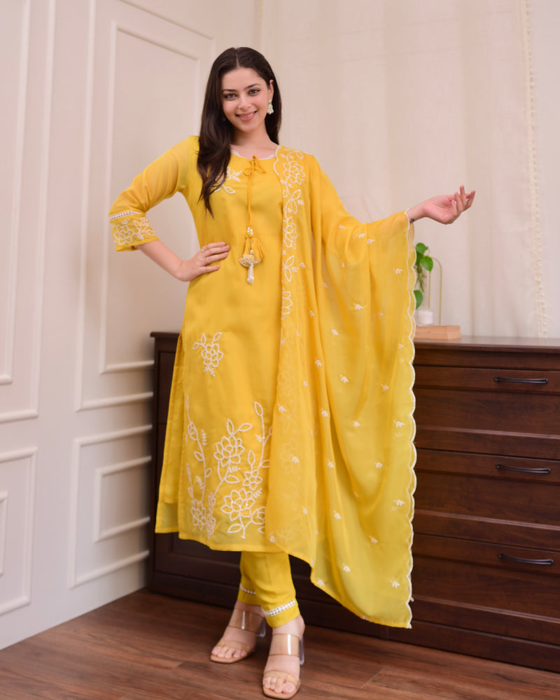 Mustard Yellow Threadwork Organza Festive Suit
