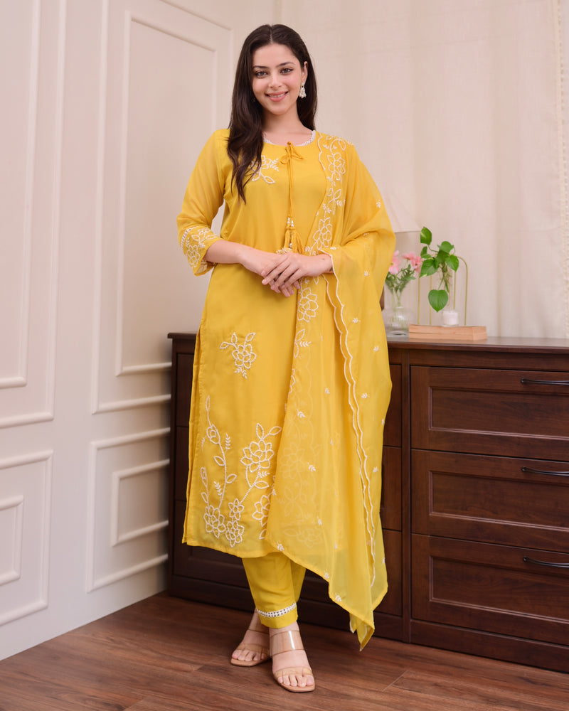 Mustard Yellow Threadwork Organza Festive Suit