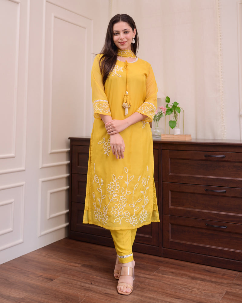 Mustard Yellow Threadwork Organza Festive Suit
