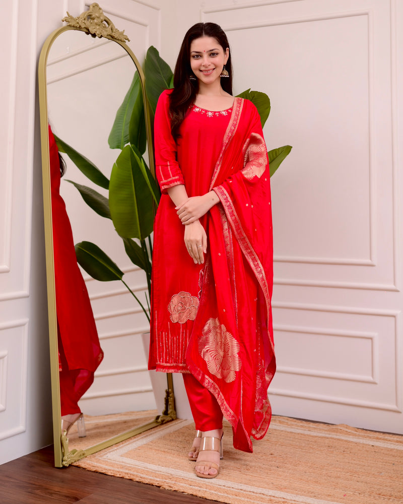 Red Rose Handwork Silk Suit