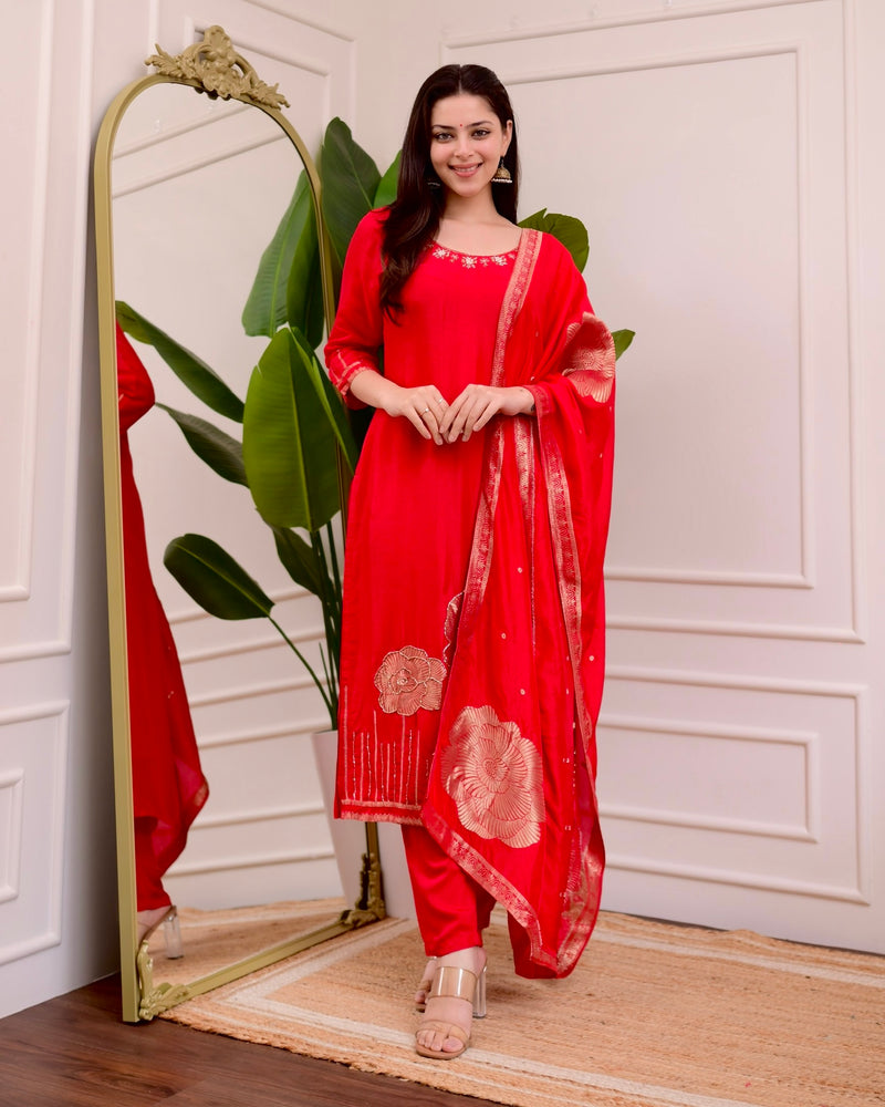 Red Rose Handwork Silk Suit