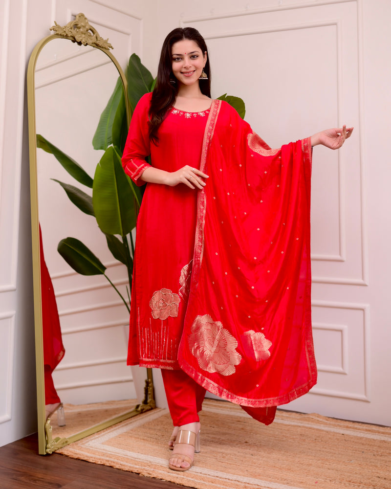 Red Rose Handwork Silk Suit
