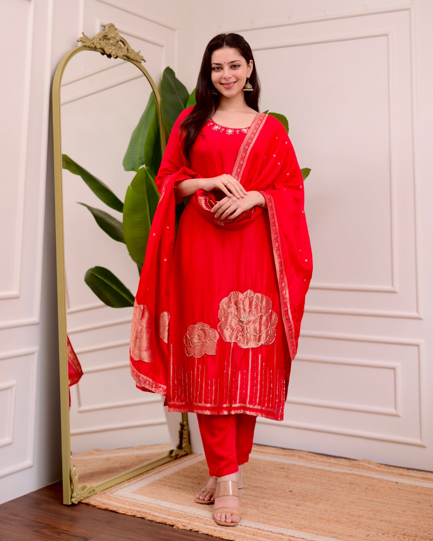 Red Rose Handwork Silk Suit