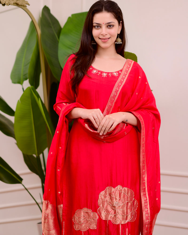 Red Rose Handwork Silk Suit