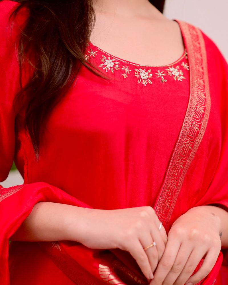 Red Rose Handwork Silk Suit