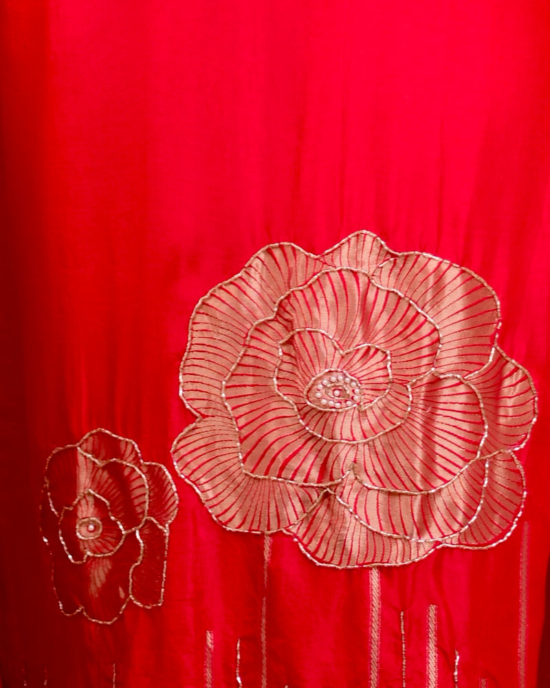 Red Rose Handwork Silk Suit