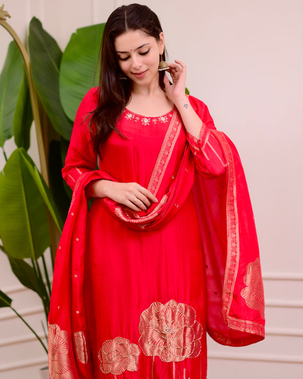 Red Rose Handwork Silk Suit