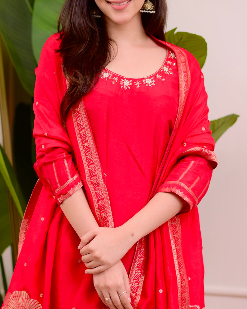 Red Rose Handwork Silk Suit