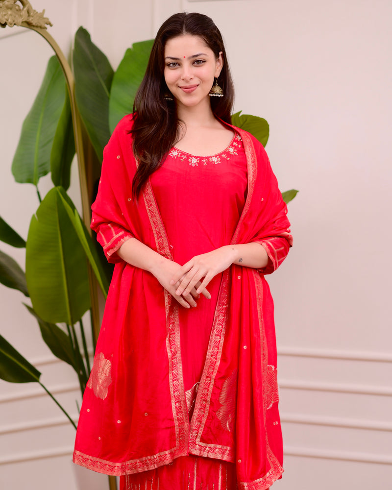 Red Rose Handwork Silk Suit