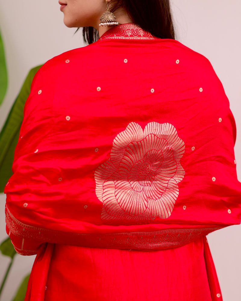 Red Rose Handwork Silk Suit