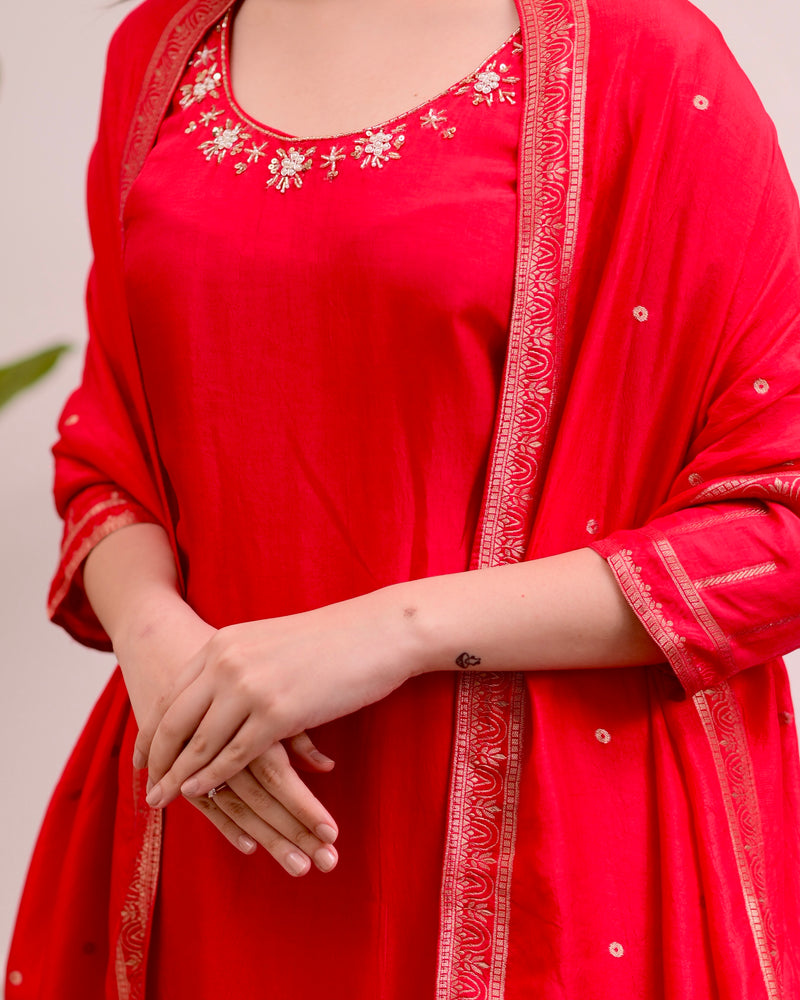 Red Rose Handwork Silk Suit