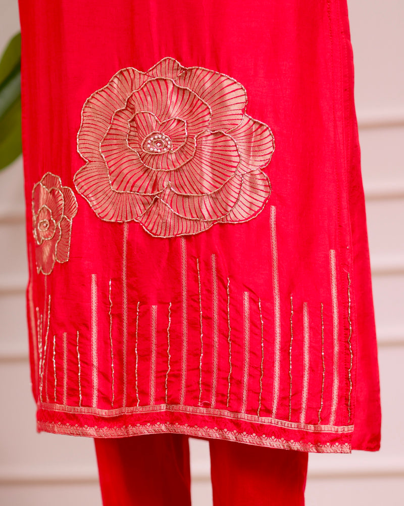 Red Rose Handwork Silk Suit
