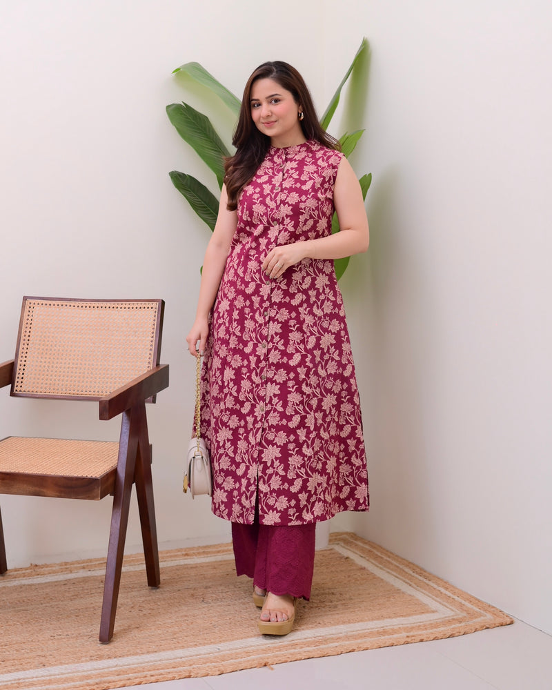 Maroon Floral A Line Kurta Schiffli Palazzo Set