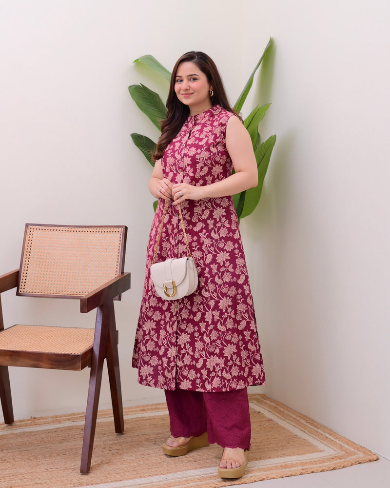 Maroon Floral A Line Kurta Schiffli Palazzo Set