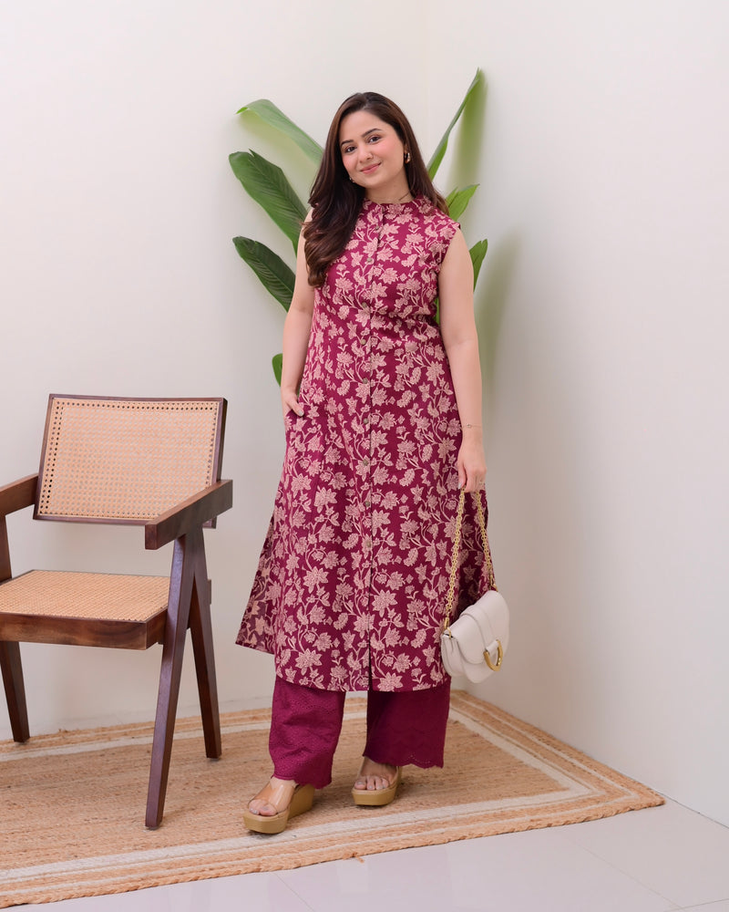 Maroon Floral A Line Kurta Schiffli Palazzo Set
