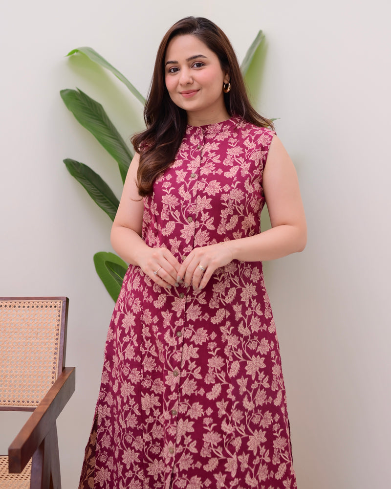Maroon Floral A Line Kurta Schiffli Palazzo Set