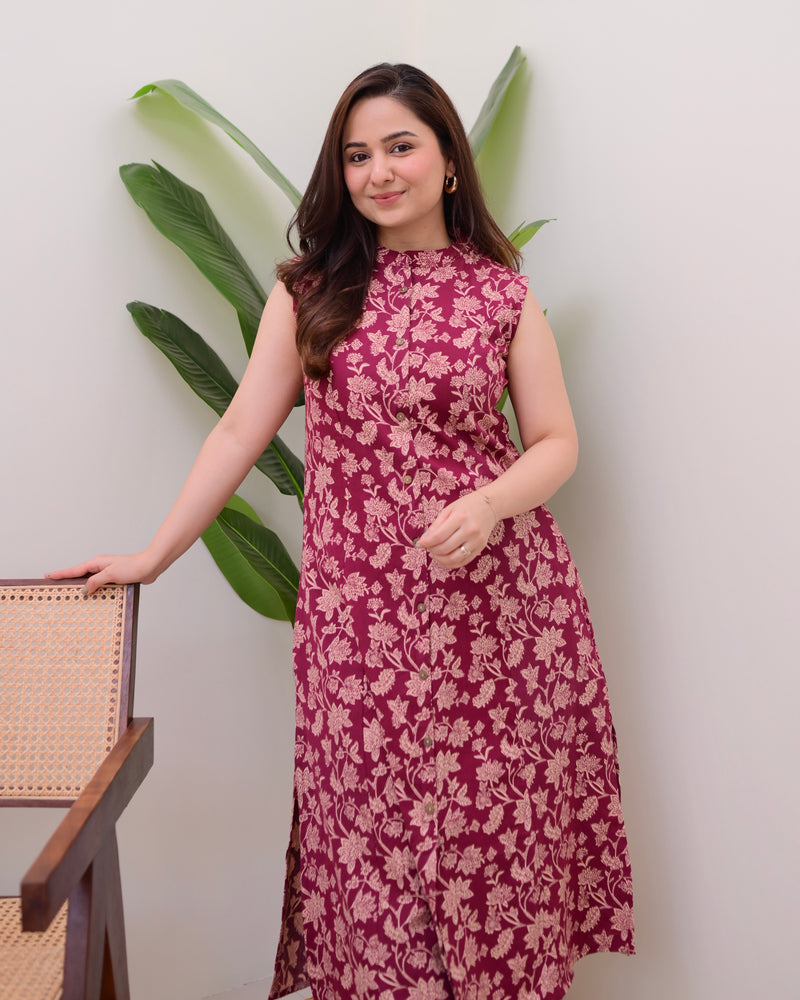 Maroon Floral A Line Kurta Schiffli Palazzo Set
