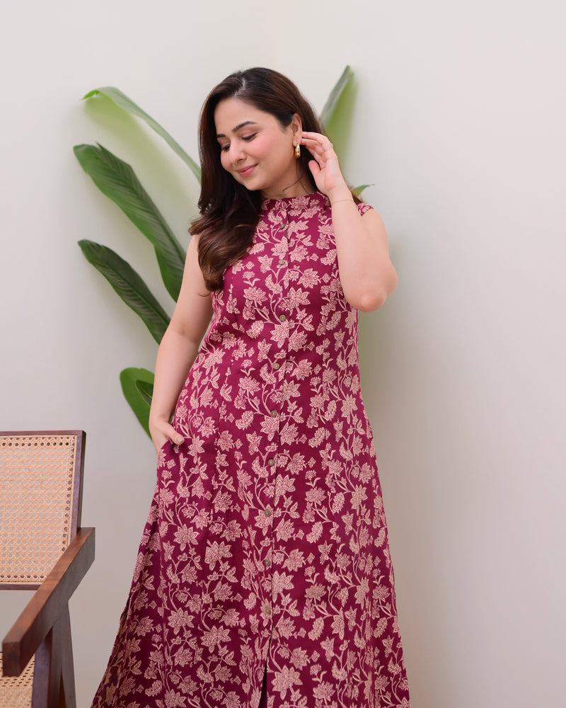 Maroon Floral A Line Kurta Schiffli Palazzo Set