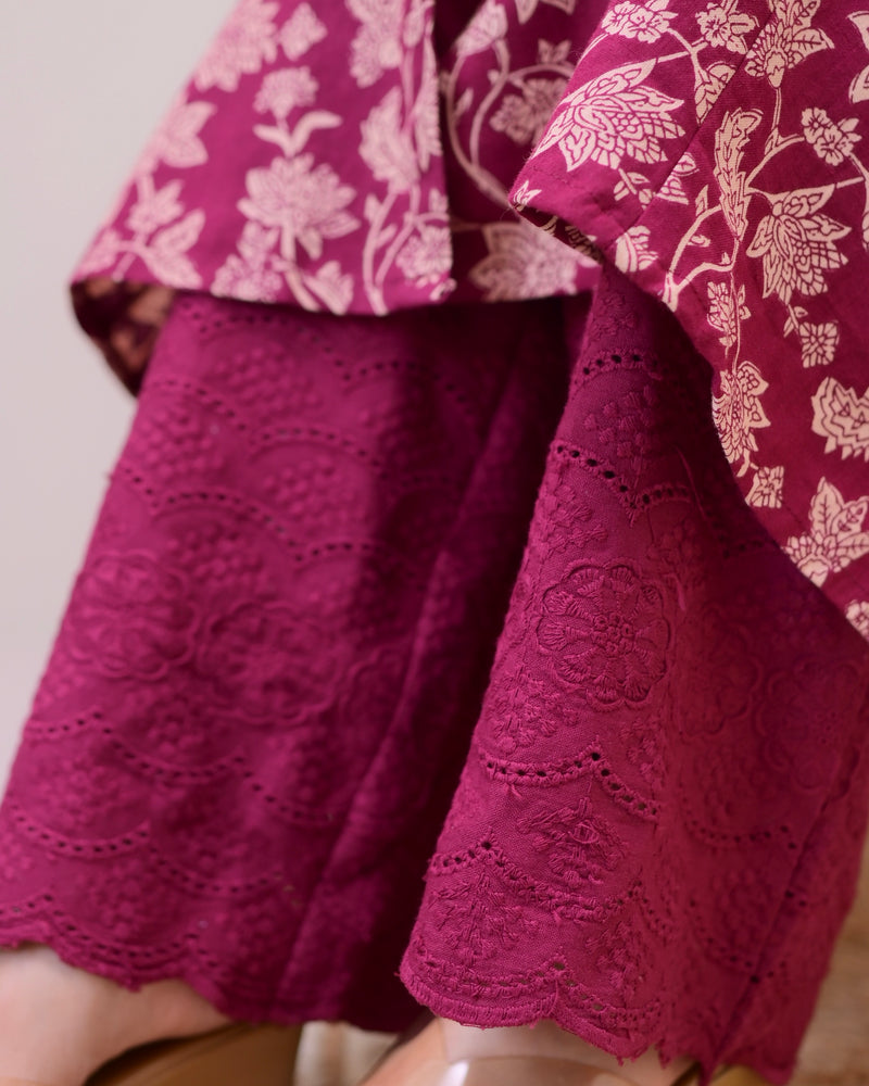 Maroon Floral A Line Kurta Schiffli Palazzo Set