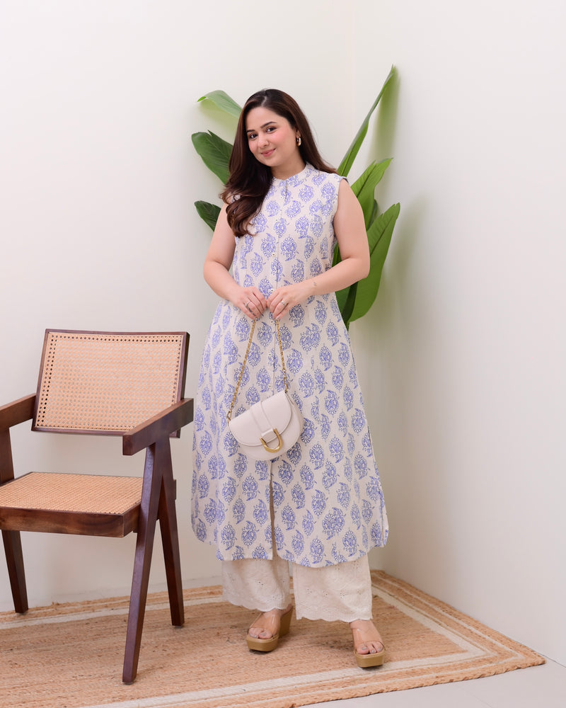Blue Floral A Line Kurta Schiffli Palazzo Set
