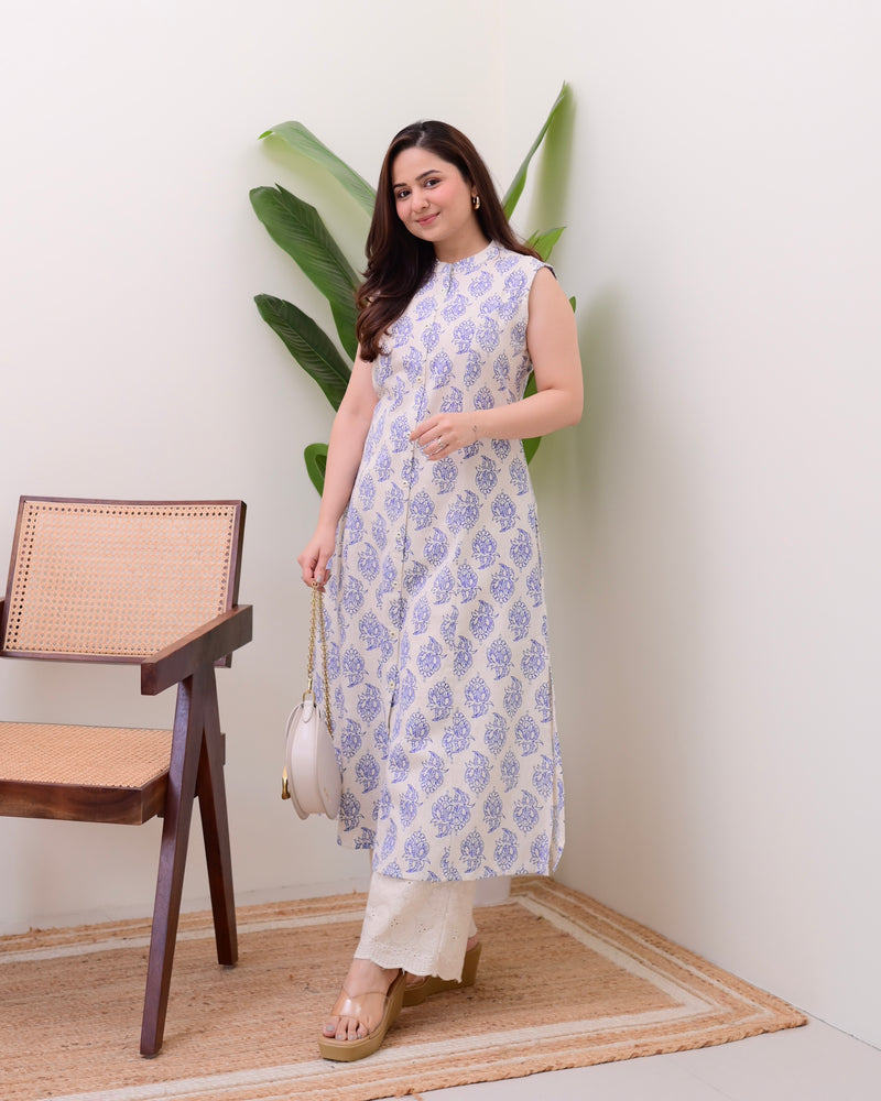 Blue Floral A Line Kurta Schiffli Palazzo Set