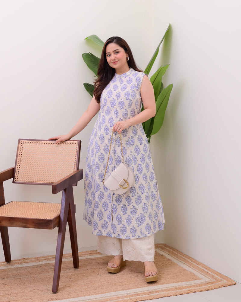 Blue Floral A Line Kurta Schiffli Palazzo Set