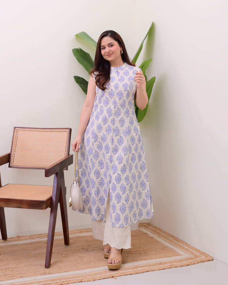 Blue Floral A Line Kurta Schiffli Palazzo Set