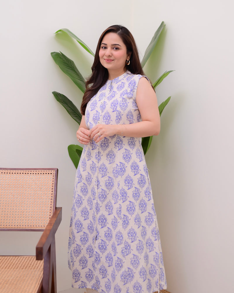 Blue Floral A Line Kurta Schiffli Palazzo Set