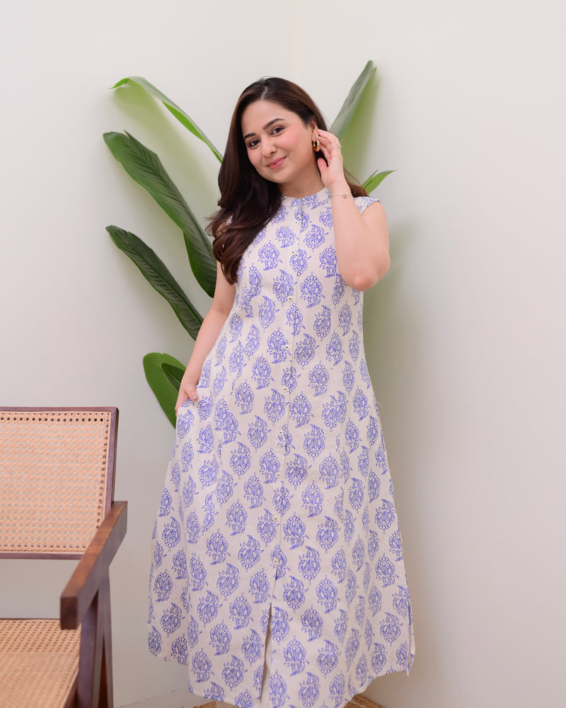 Blue Floral A Line Kurta Schiffli Palazzo Set