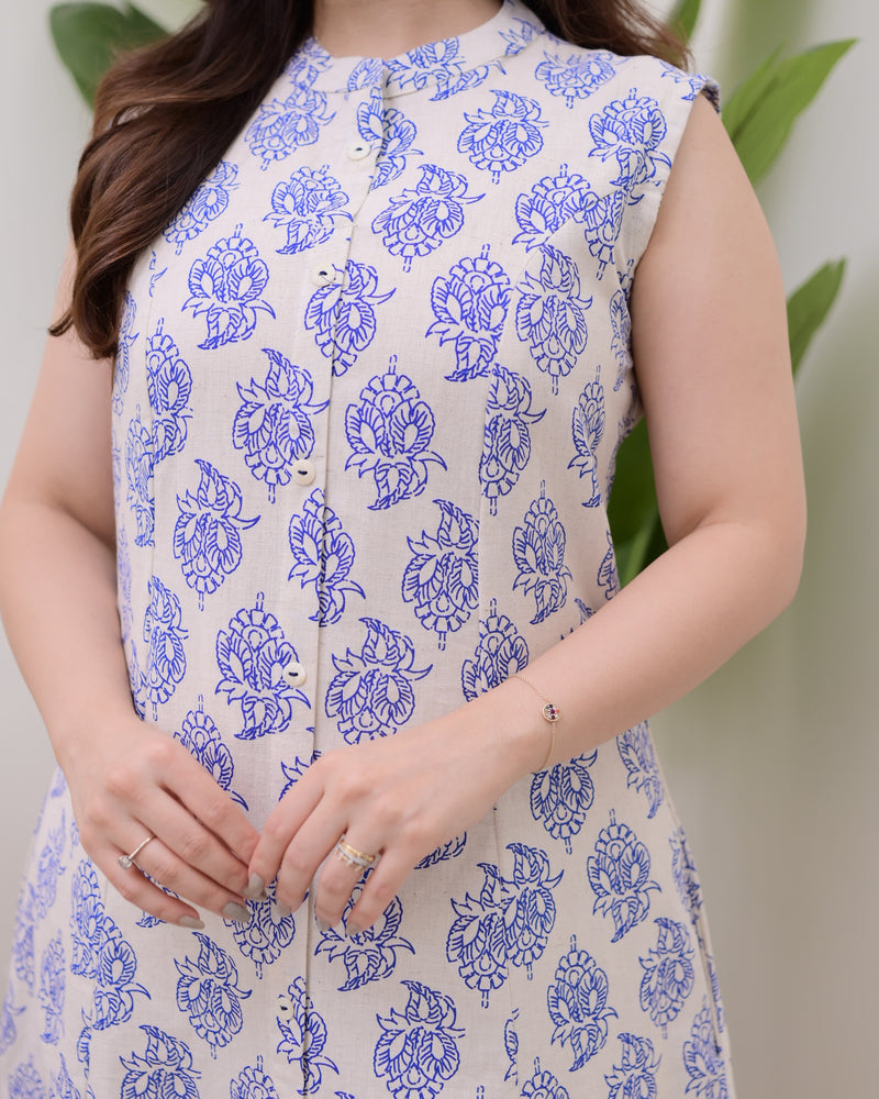 Blue Floral A Line Kurta Schiffli Palazzo Set