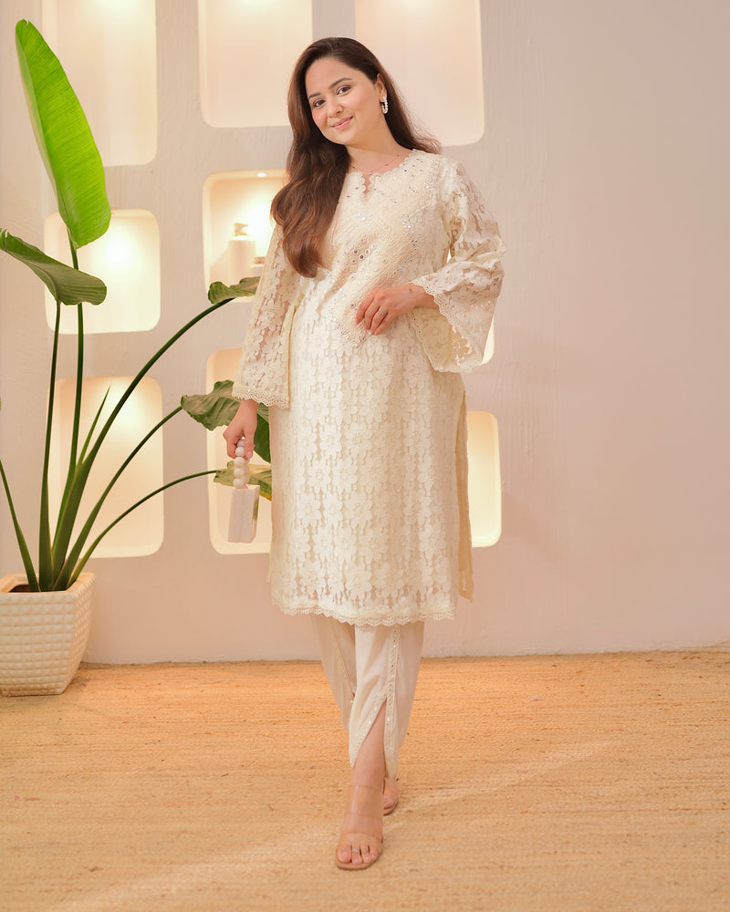 Ivory Schiffli Threaded Festive Tulip Co-ord