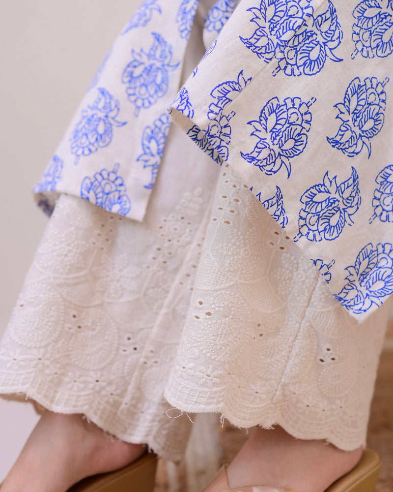 Blue Floral A Line Kurta Schiffli Palazzo Set
