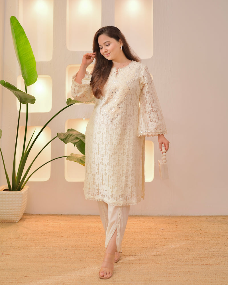 Ivory Schiffli Threaded Festive Tulip Co-ord
